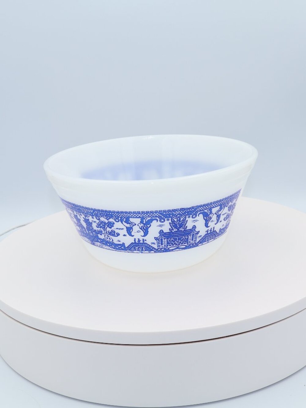 Vintage Federal Glass Dutch Scene Blue Willow Mixing Bowl 7” White Milk Glass